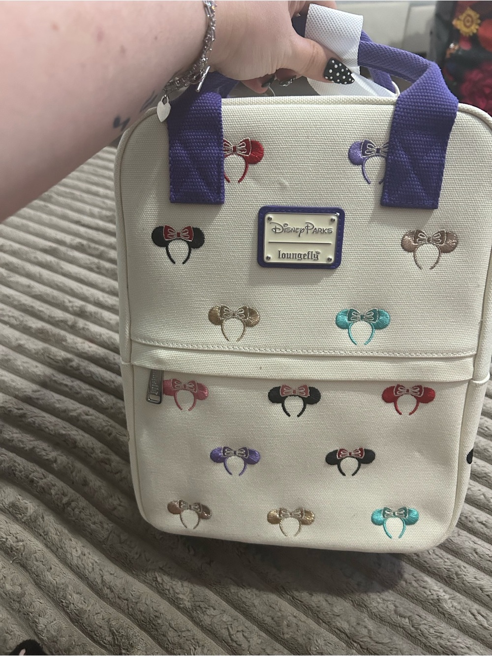 Loungefly Cream Mini Backpack with Purple Handles and Multicolor Minnie Icons